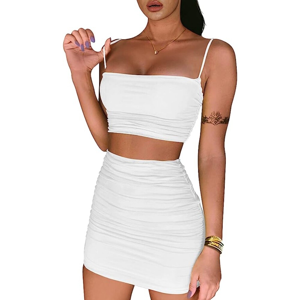 Ruched Cami Crop Top Bodycon Skirt 2 Piece Outfit Sz L